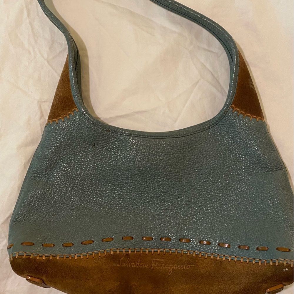 Salvatore Ferragamo teal and tan handbag